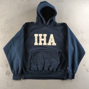 Vintage Y2K Champion Reverse Weave Hoodie Mens XL Blue IHA Spellout Sweatshirt